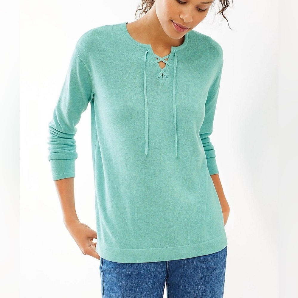 J. Jill NWOT Lace-Up Pullover Lightweight Sweater Topaz Heather Blue Size Large